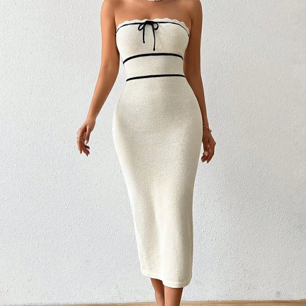 Apricot Elegant Women's Tube Top Dress Fashion Knitted Dress - Picture 7 of 8